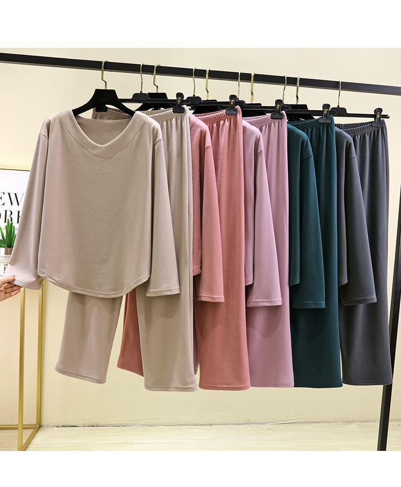 Pajama Set: Long-Sleeve V-Neck Plain T-Shirt + Elastic Waist Pants Product Image