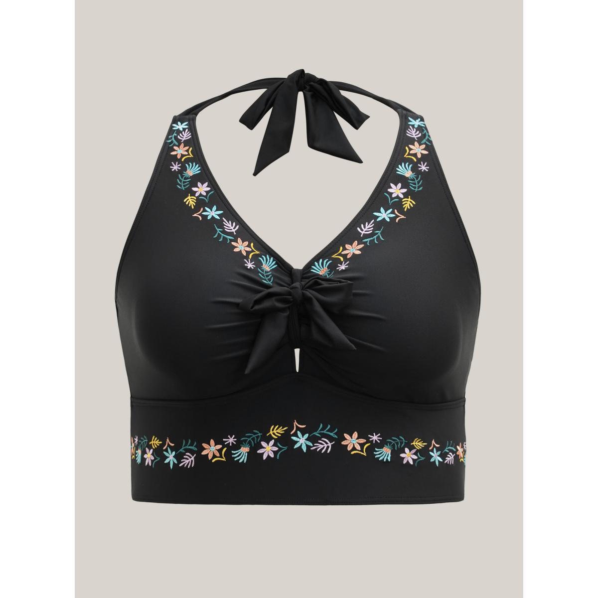 Plus Size Multi-Color Embroidered Lace Tied Swim Top Women's Swimwear Black Beach Tie knot High stretch Skinny Heart neckline Curve Swim Tops BloomChic 28/5X Product Image