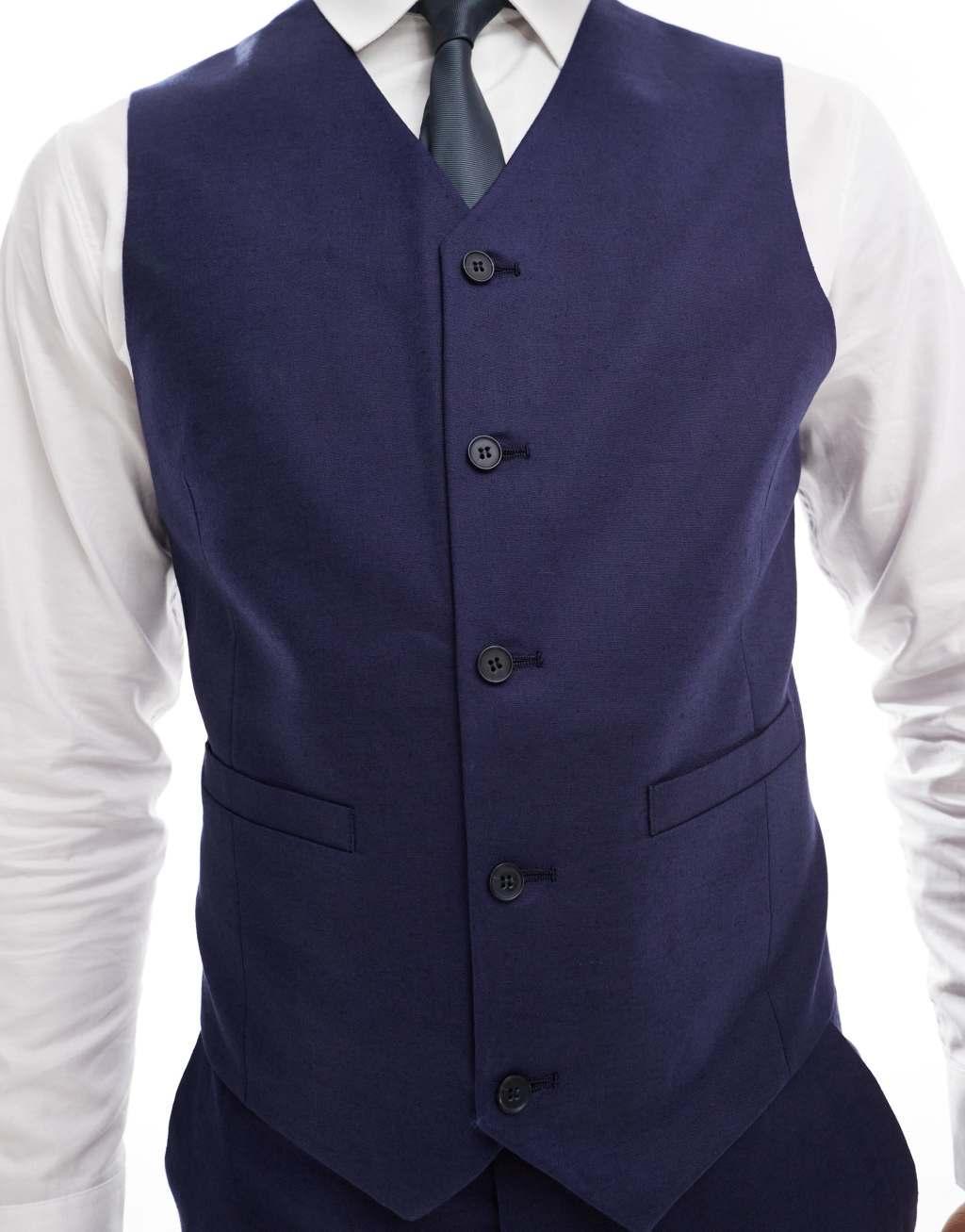 ASOS DESIGN slim with linen suit vest in navy Product Image