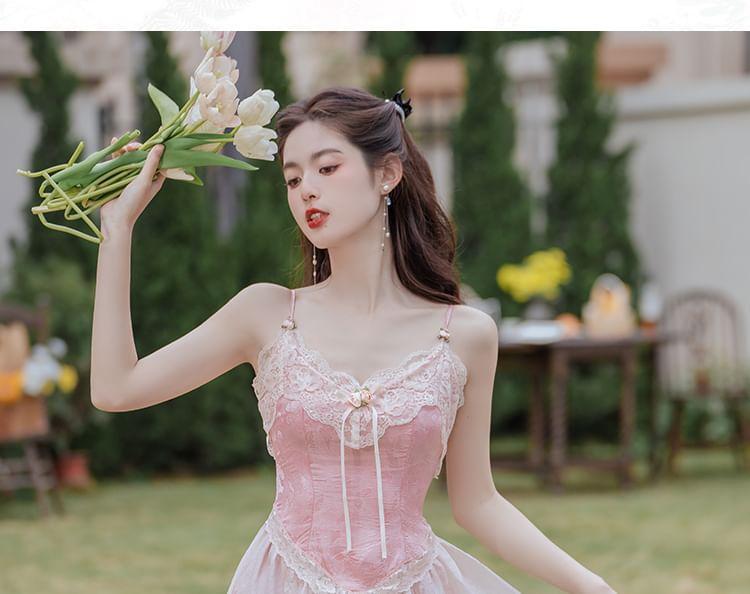 Spaghetti Strap Panel Lace Maxi A-Line Dress / Plain Lace Bolero / Set Product Image