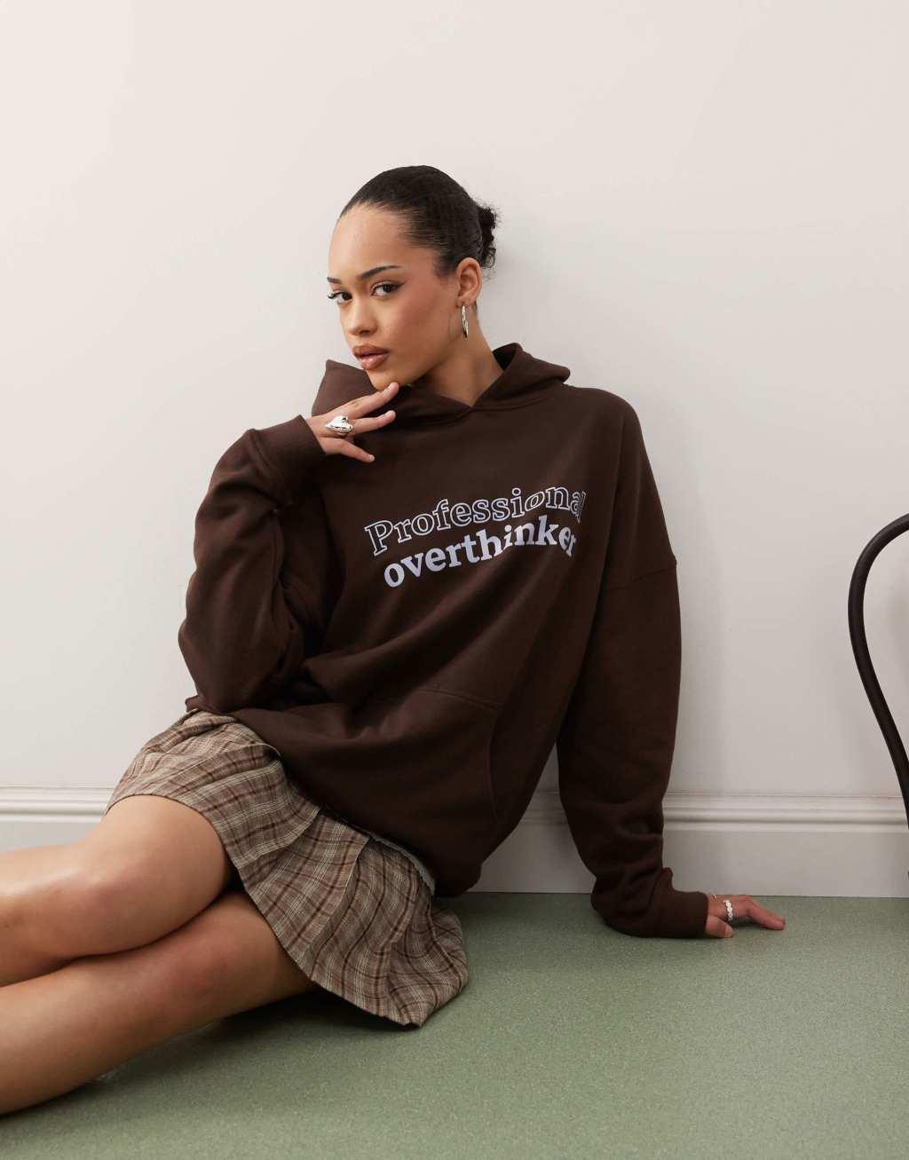 Motel oversized slogan hoodie in bitter chocolate Product Image