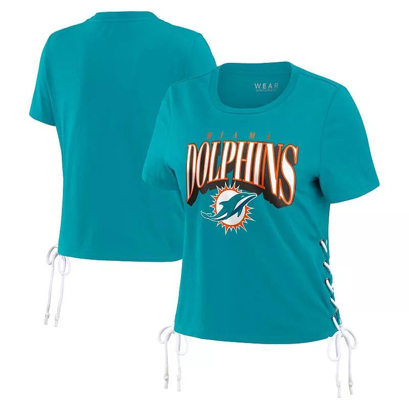 Women's WEAR by Erin Andrews Aqua Miami Dolphins Lace Up Side Modest Cropped T-Shirt, Size: Large, Turquoise A Product Image