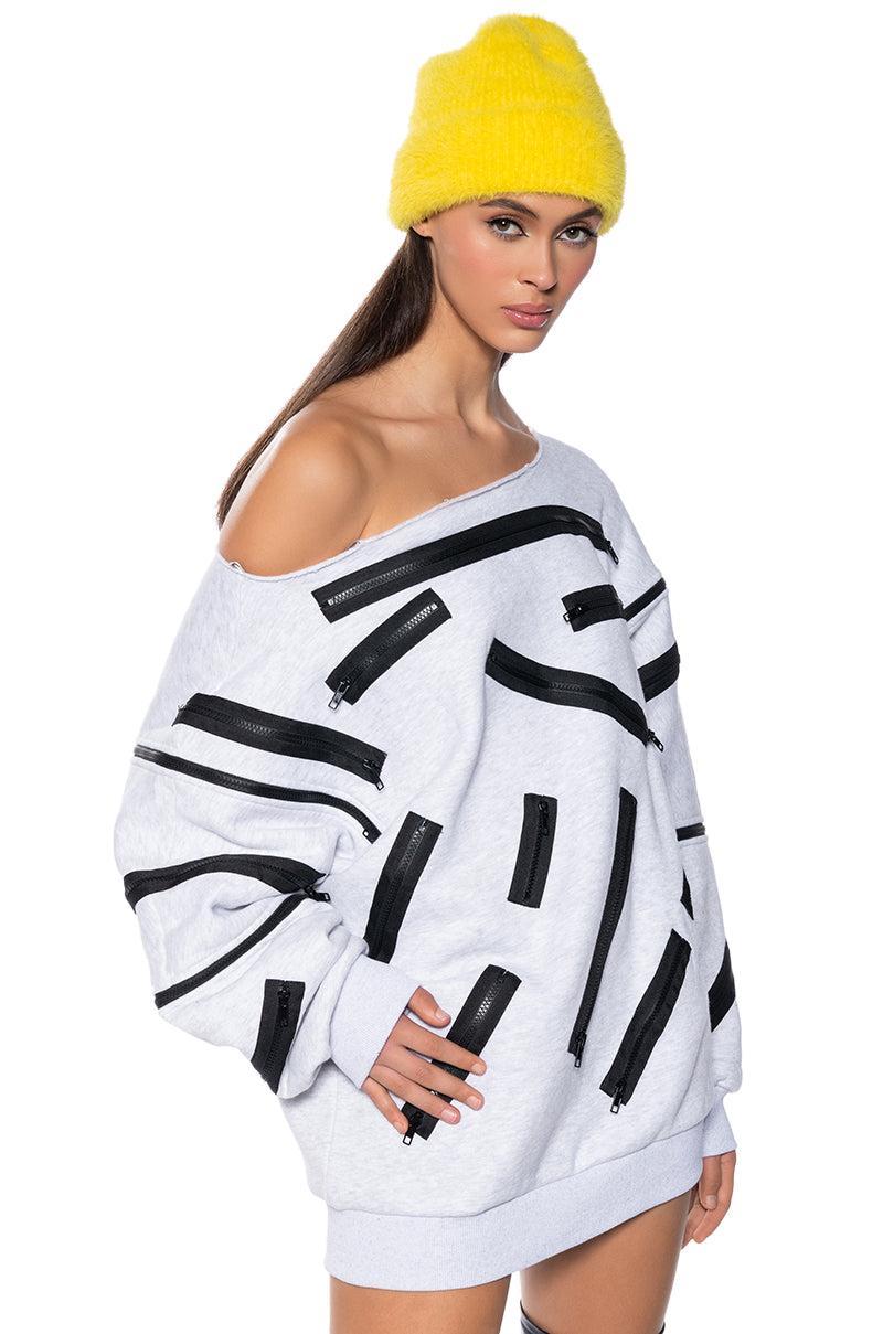 ZIP ZAP OFF THE SHOULDER SWEATSHIRT DRESS-GREY MULTI Product Image