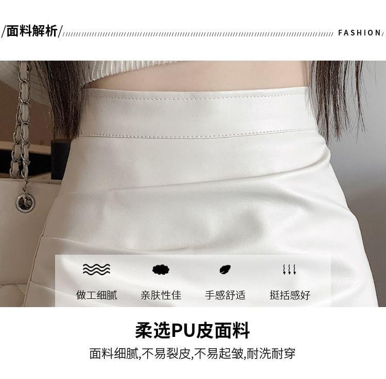 High Rise Plain Ruched Asymmetrical Faux Leather Mini Pencil Skirt Product Image