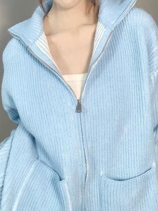 Solid Lapel Neck Zip Up Cardigan Product Image