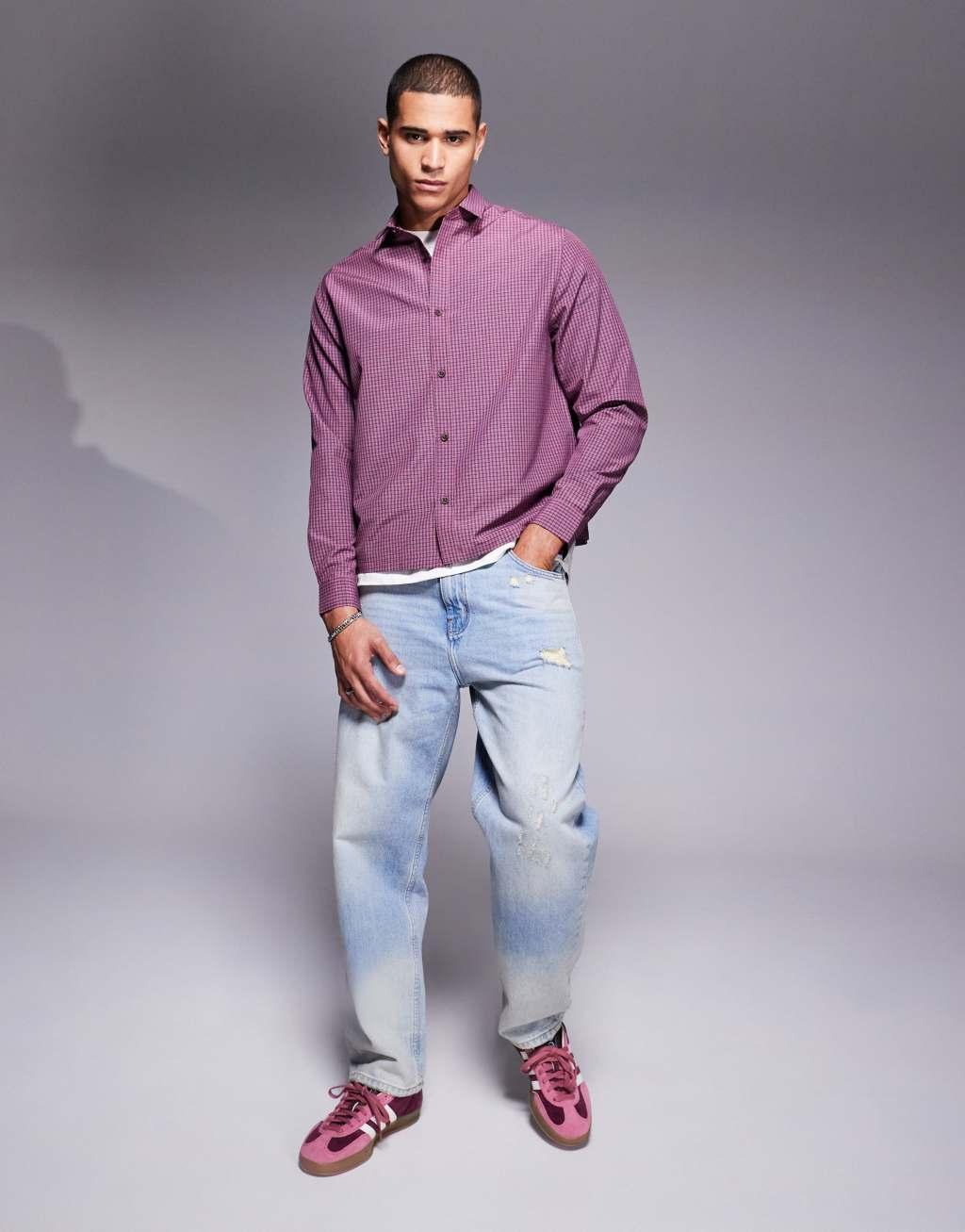 ASOS DESIGN boxy plaid shirt in burgundy Product Image