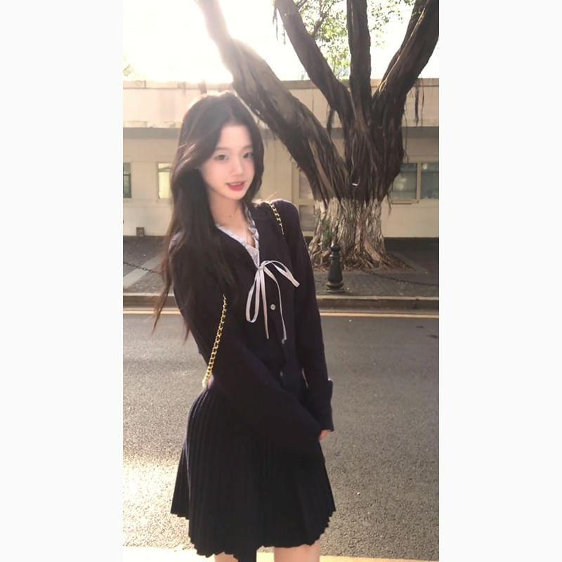 V-Neck Bow Panel Cardigan / High Rise Plain Accordion Pleated Mini A-Line Skirt Product Image