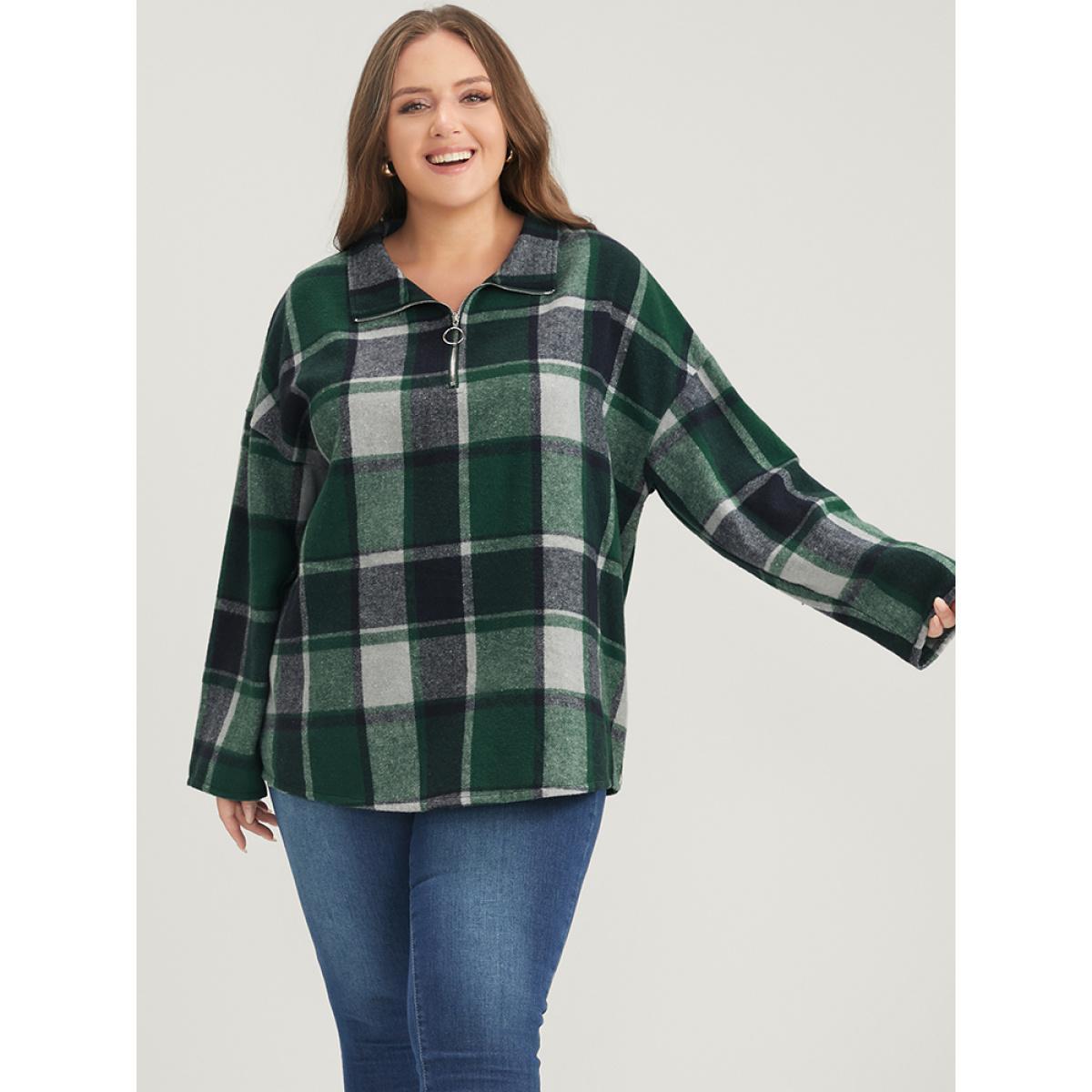 Plus Size Plaid Drop Shoulder O Ring Zip Sweatshirt Women DarkGreen Casual Zipper Lapel Collar Dailywear Sweatshirts BloomChic 30/6X Product Image