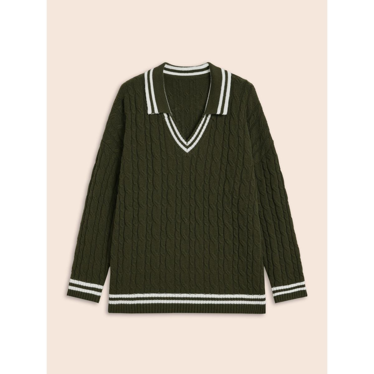 Plus Size Contrast Trim Split Hem Pullover ArmyGreen Women Casual Long Sleeve Lapel Collar Everyday Pullovers BloomChic 30/6X Product Image