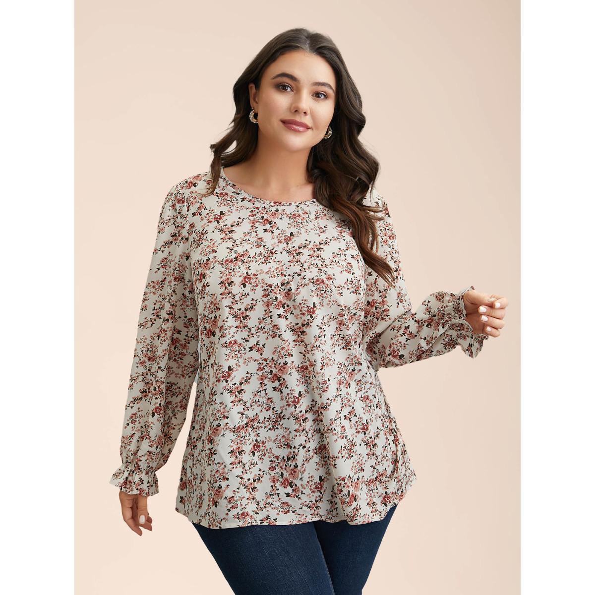 Plus Size Beige Back Lace Trim Ditsy Floral Print Blouse Women Elegant Long Sleeve Round Neck Everyday Blouses BloomChic 26/4X Product Image