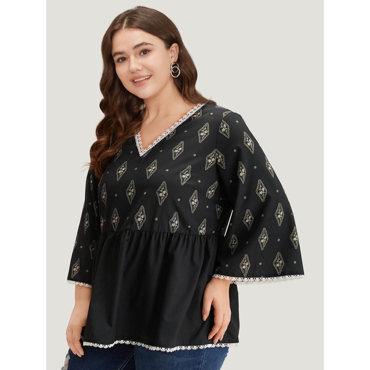 Plus Size Black Boho Print Guipure Lace V Neck Bell Sleeve Blouse Women Vacation Elbow-length sleeve V-neck Dailywear Blouses BloomChic 30/6X Product Image