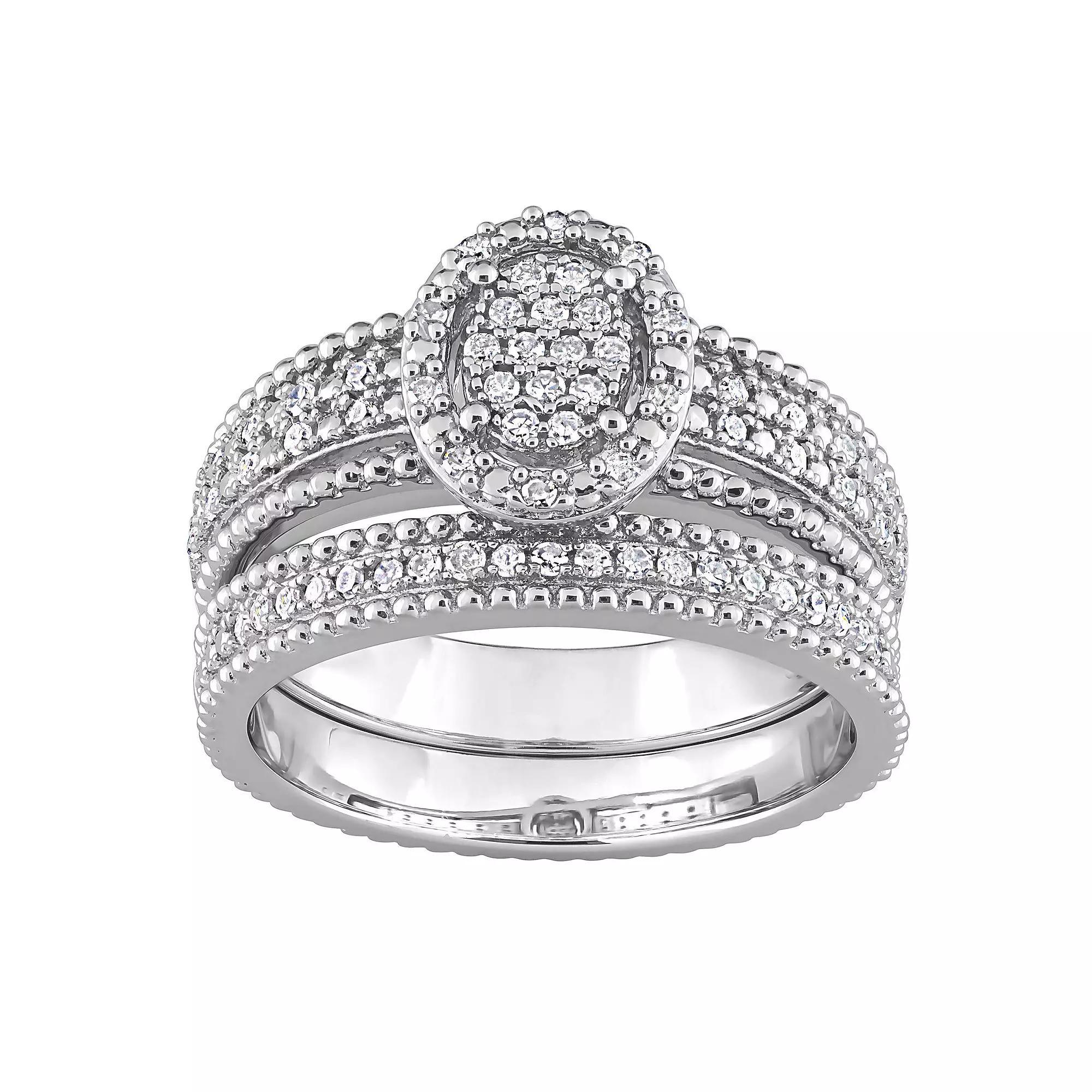 Stella Grace Sterling Silver 1/3 Carat T.W Diamond Oval Shape Cluster Bridal Ring Set, Women's, Size: 7 Product Image