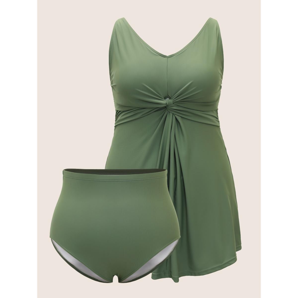 Plus Size Plain Twist Front Gathered Swim Dress Women's Swimwear ArmyGreen Beach Bodycon V-neck High stretch Curve Swim Dresses BloomChic 12/L Product Image