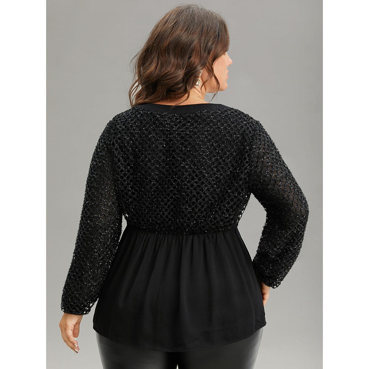 Plus Size Black Glitter Mesh Patchwork Lantern Sleeve Blouse Women Glamour Long Sleeve V-neck Festival-Christmas Blouses BloomChic 18-20/2X Product Image
