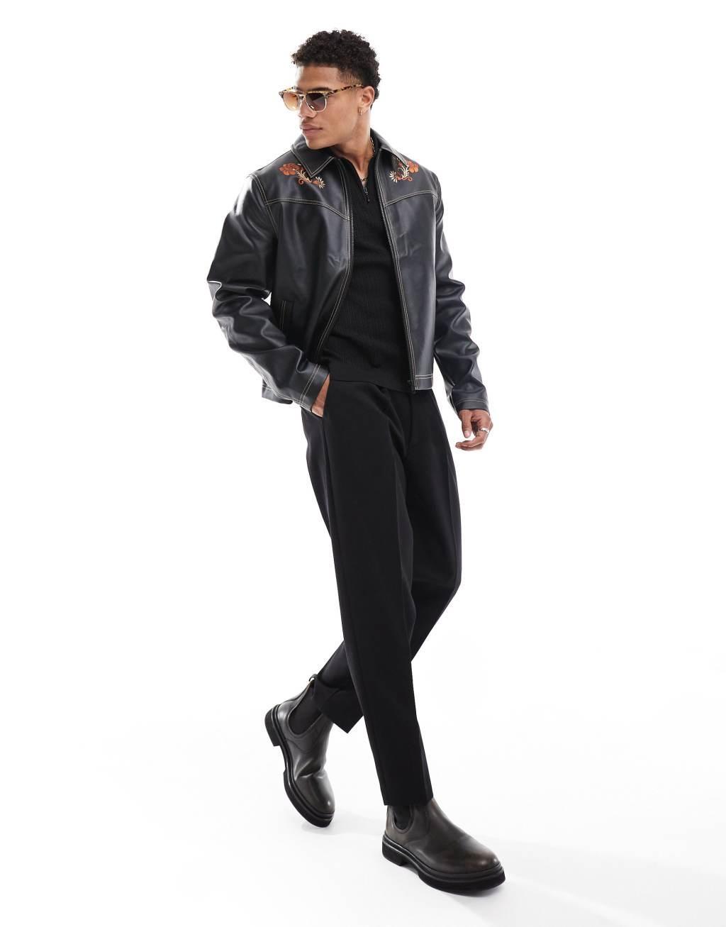 ASOS DESIGN faux leather harrington jacket with floral embroidery in black Product Image