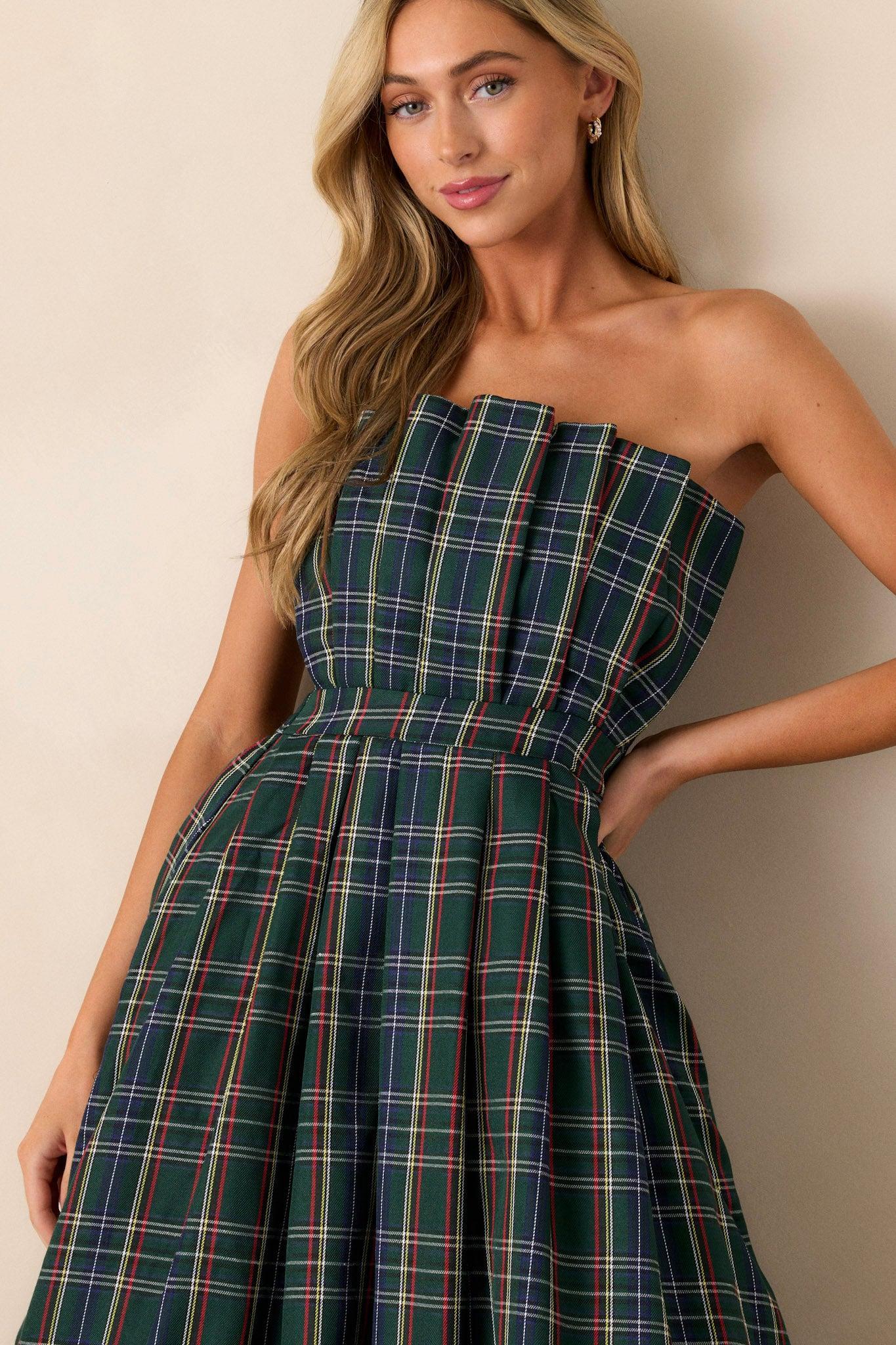 The Genevieve Green Plaid Strapless Midi Dress Product Image