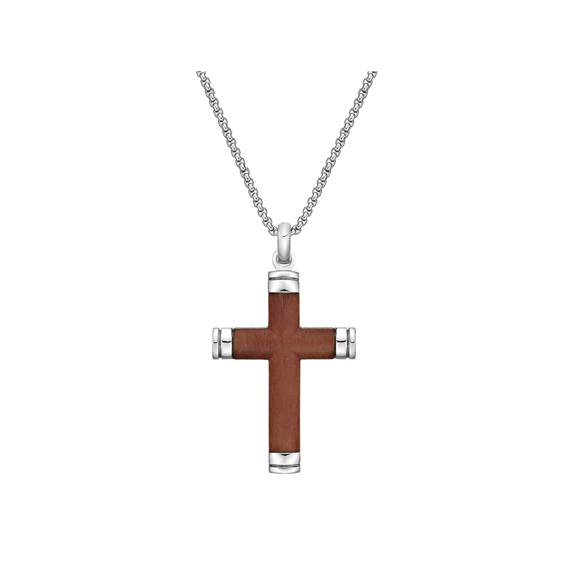LYNX Stainless Steel and Wood Cross Men's Pendant, Size: 24" Product Image