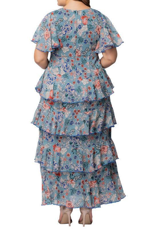Blue Garden Print Tour de Flounce Chiffon Gown - Plus Product Image