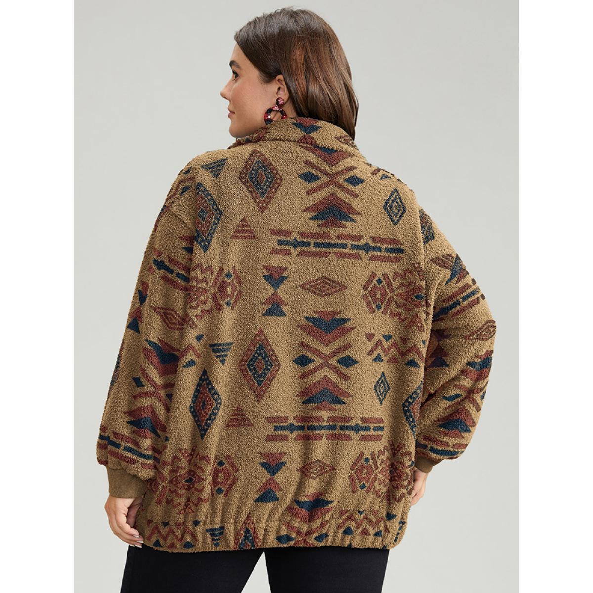Plus Size Geometric Pocket Gathered Zipper Jacket Women Bronze Zipper Pocket Dailywear Jackets BloomChic 14-16/1X Product Image