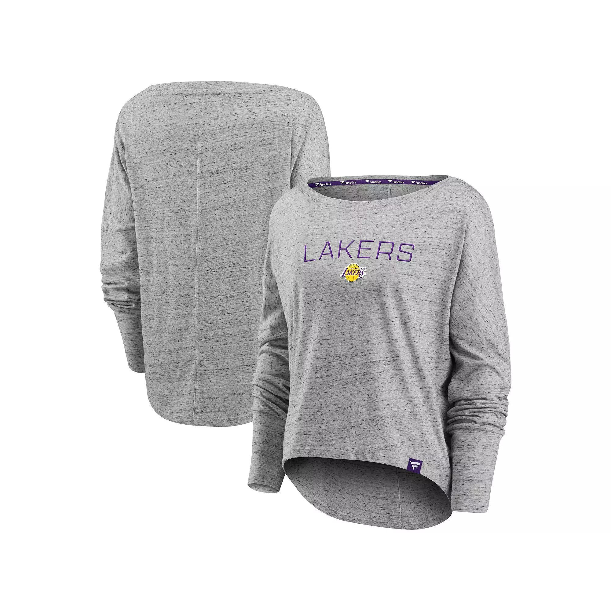 Women's Fanatics Branded Heathered Gray Los Angeles Lakers Nostalgia Off-The-Shoulder Long Sleeve T-Shirt, Size: Small, Grey Product Image