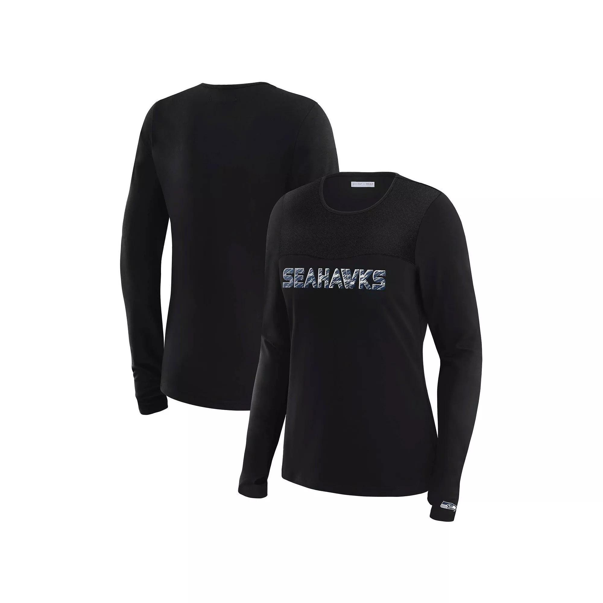 Women's WEAR by Erin Andrews x Gracie Hunt Black New England Patriots Mesh Panel Long Sleeve T-Shirt, Size: Small Product Image