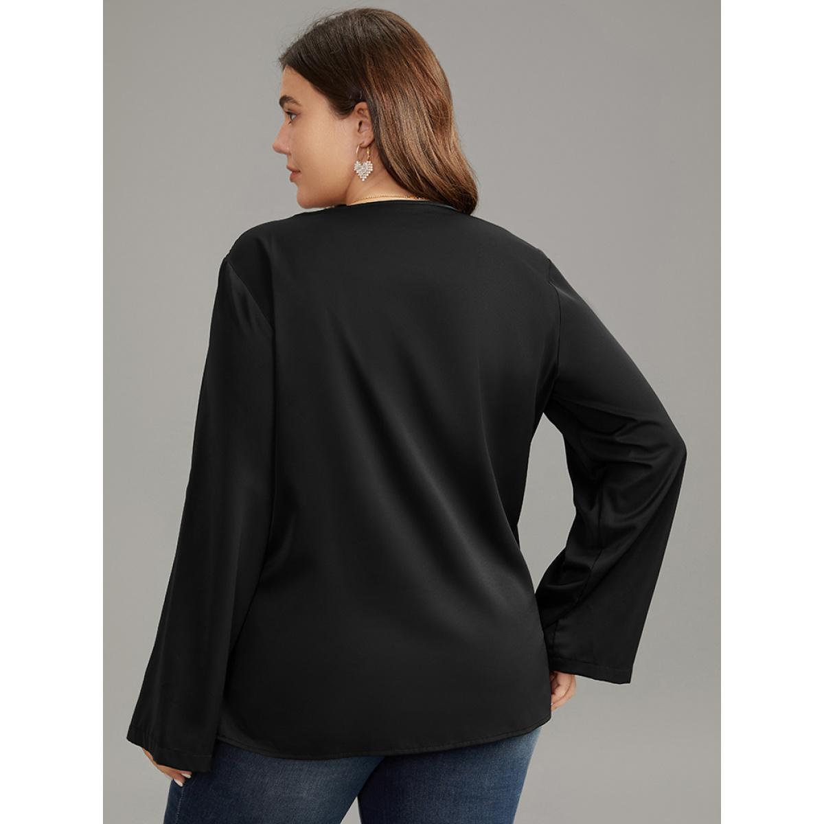 Plus Size Black Plain Tab Sleeve Wrap Pleated Blouse Women Work From Home Long Sleeve V-neck Work Blouses BloomChic 10/M Product Image