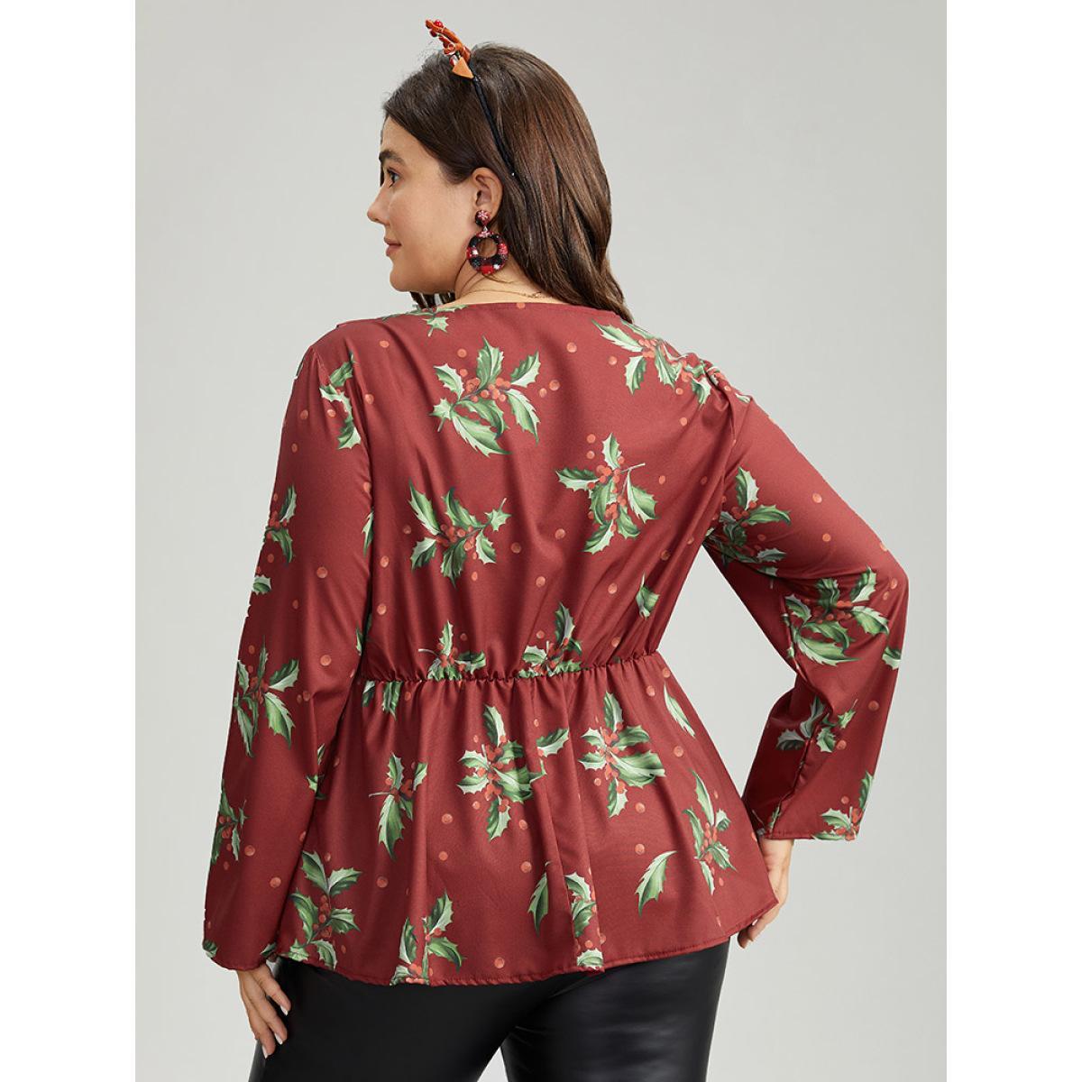 Plus Size Scarlet Plants Print Knot Neck Flutter Trim Blouse Women Elegant Long Sleeve V-neck Festival-Christmas Blouses BloomChic 10/M Product Image