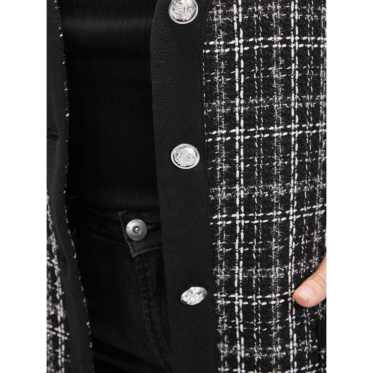 Plus Size Contrast Trim Pocket Button Up Plaid Tweed Coat Women Black Office Ladies Work Winter Coats BloomChic 18-20/2X Product Image