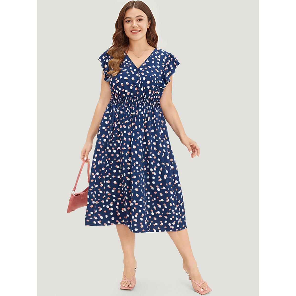 Plus Size Allover Print Pocket Wrap Flutter Cap Sleeve Dress DarkBlue Women Office Wrap V-neck Sleeveless Curvy Midi Dress BloomChic 12/L Product Image