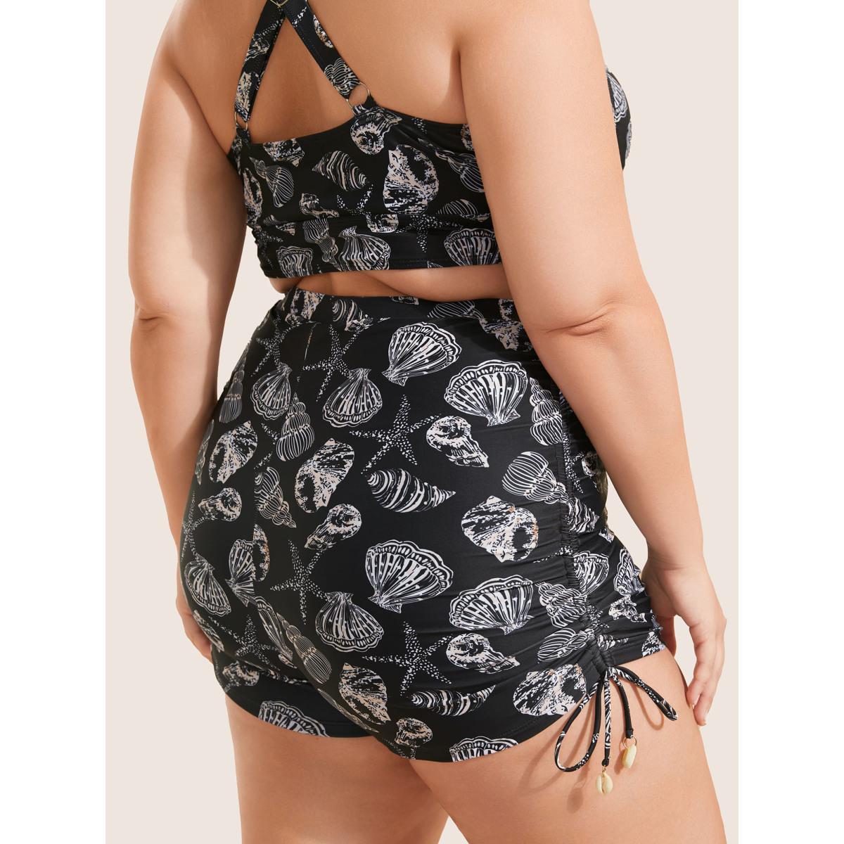 Plus Size Shell Print Drawstring Side Skinny Swim Bottom Women's Swimwear Black Beach Drawstring High stretch Skinny High Rise Curve Swim Bottoms BloomChic 12/L Product Image
