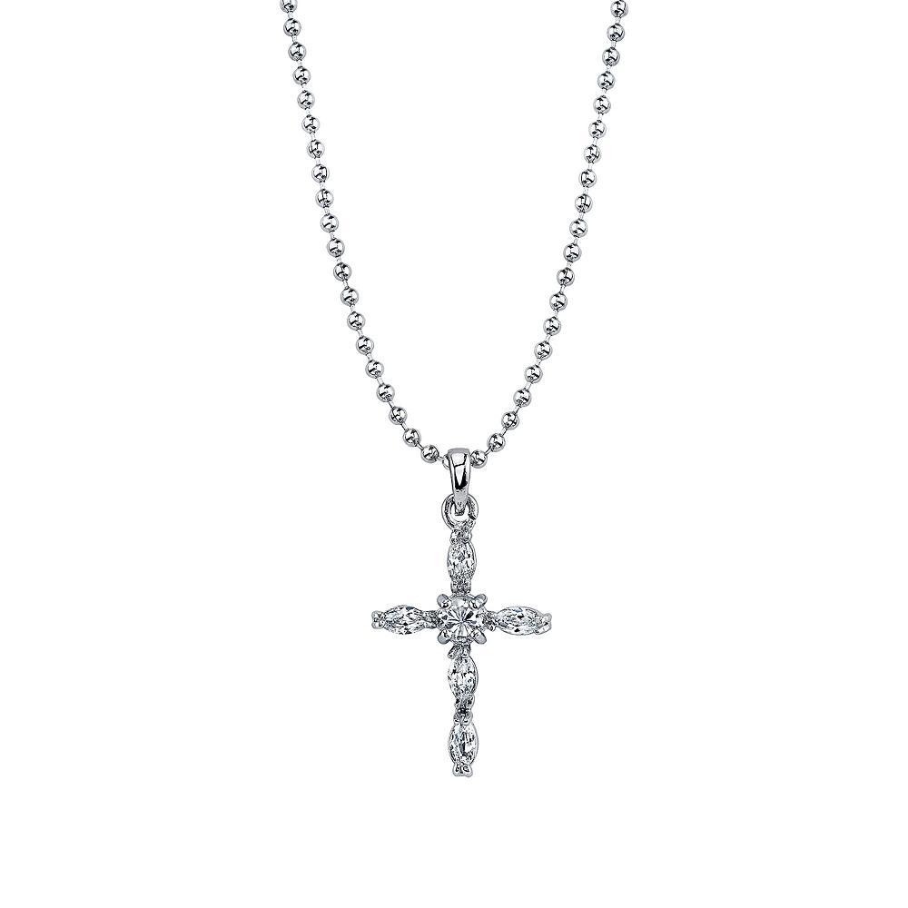 Symbols Of Faith Silver Tone Crystal Cross Pendant Necklace, Womens, White Product Image