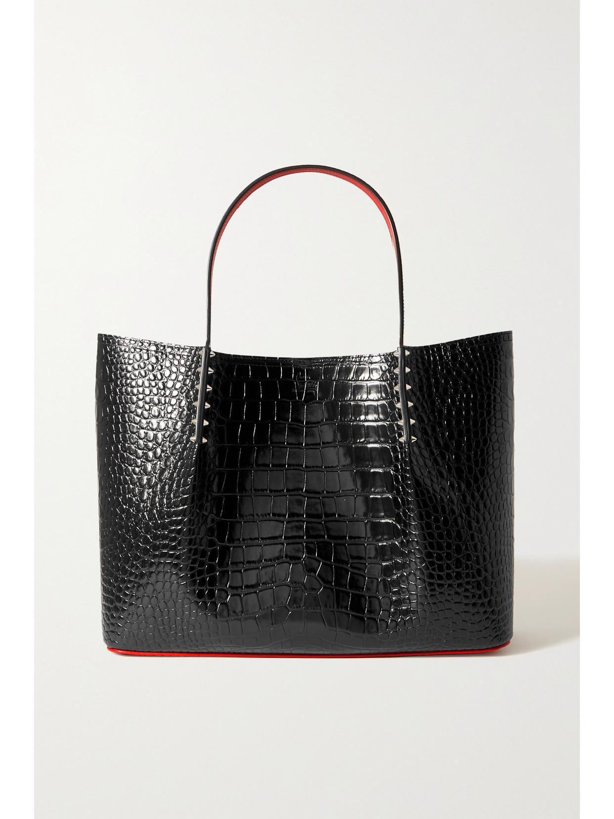 CHRISTIAN LOUBOUTIN Cabarock Large Spiked Croc-effect Glossed-leather Tote In Black Product Image