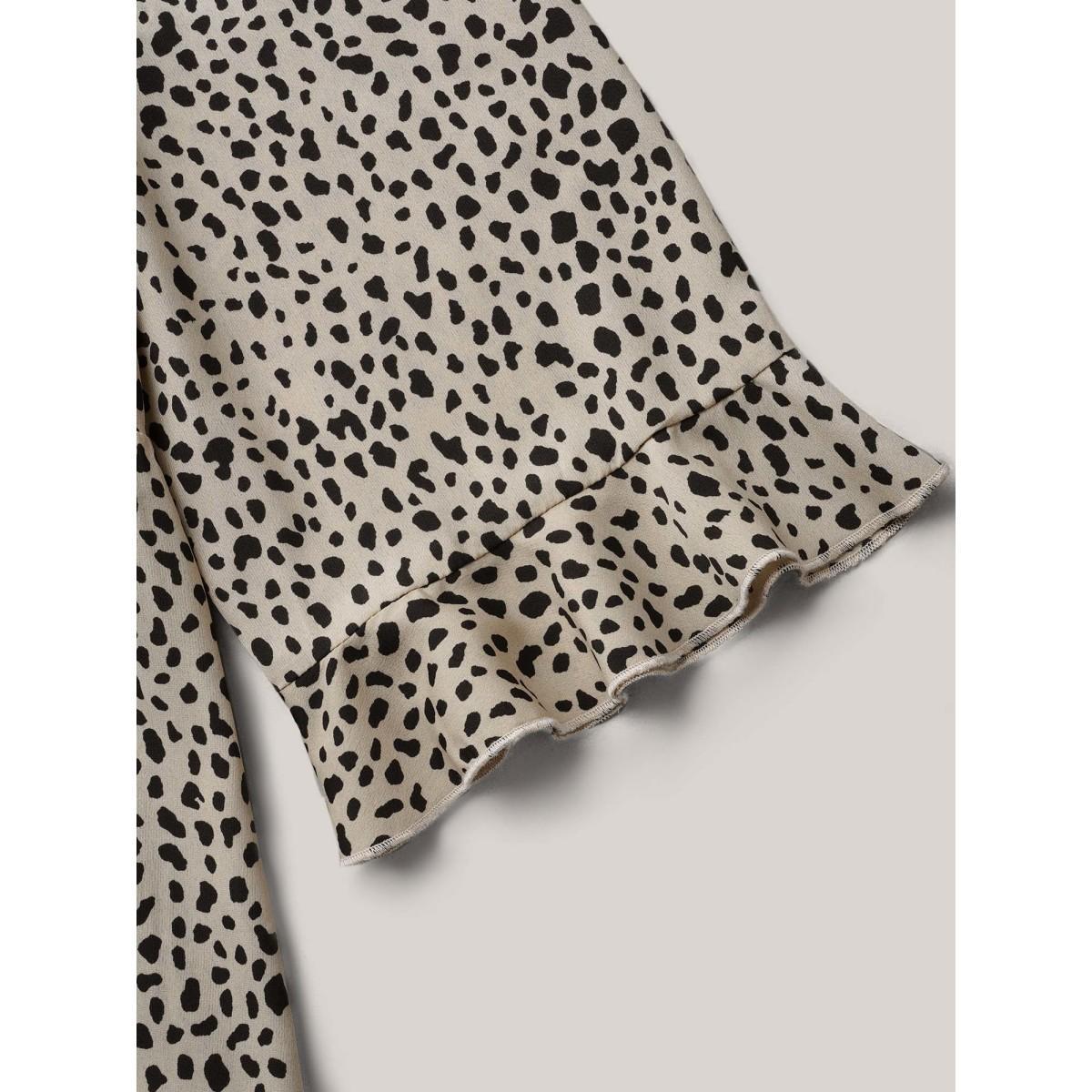 Plus Size Champagne Leopard Print Ruffled Detail V-Neck Blouse Women Casual Elbow-length sleeve V-neck Everyday Blouses BloomChic 10/M Product Image