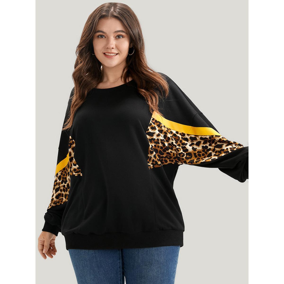 Plus Size Leopard Patchwork Contrast Lantern Sleeve Sweatshirt Women Black Casual Contrast Round Neck Dailywear Sweatshirts BloomChic 22-24/3X Product Image