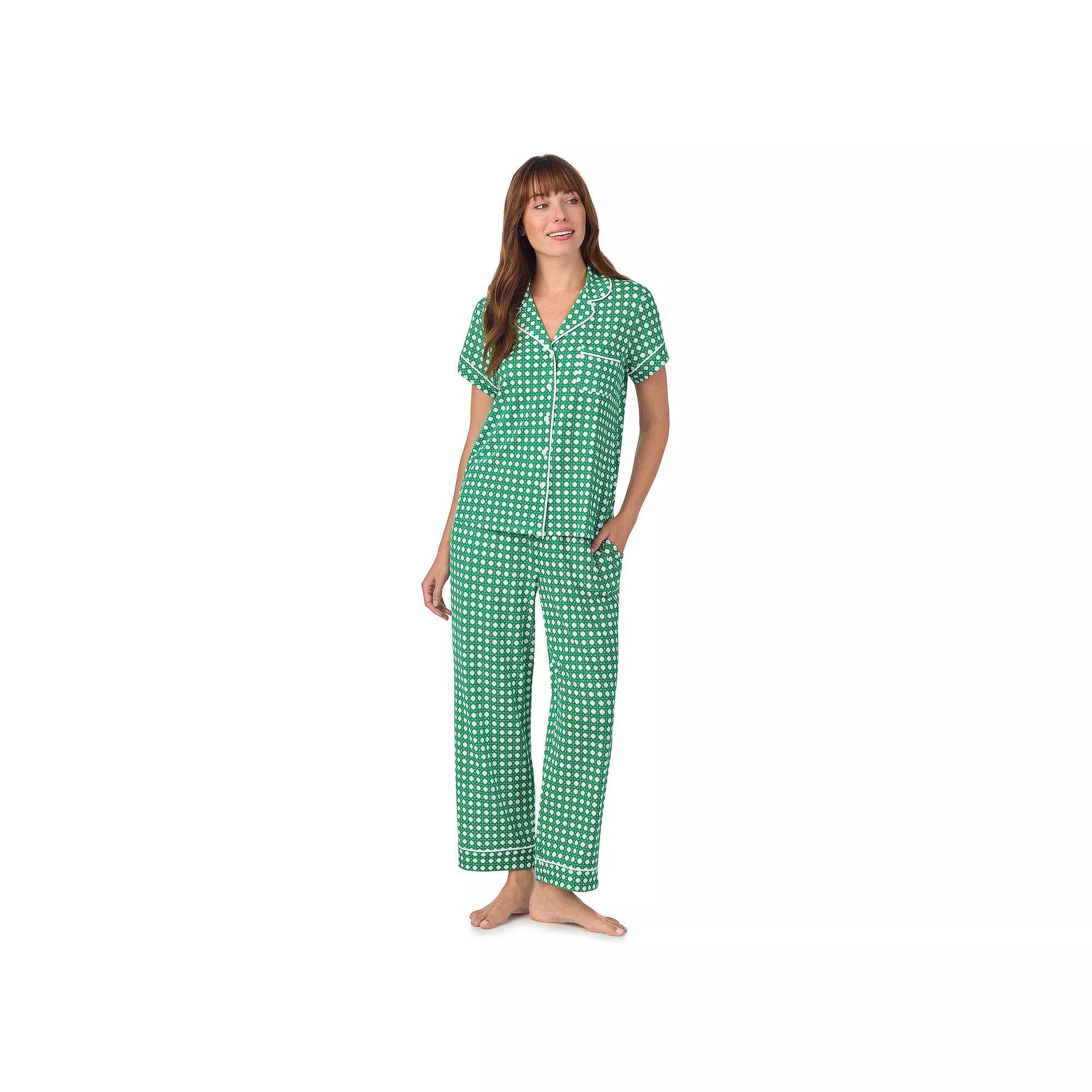 Women's Draper James 2-Piece Printed Cozy Short Sleeve Notch Collar Pajama Top & Pajama Pants Set, Size: XL, Spring Green Wicker Product Image