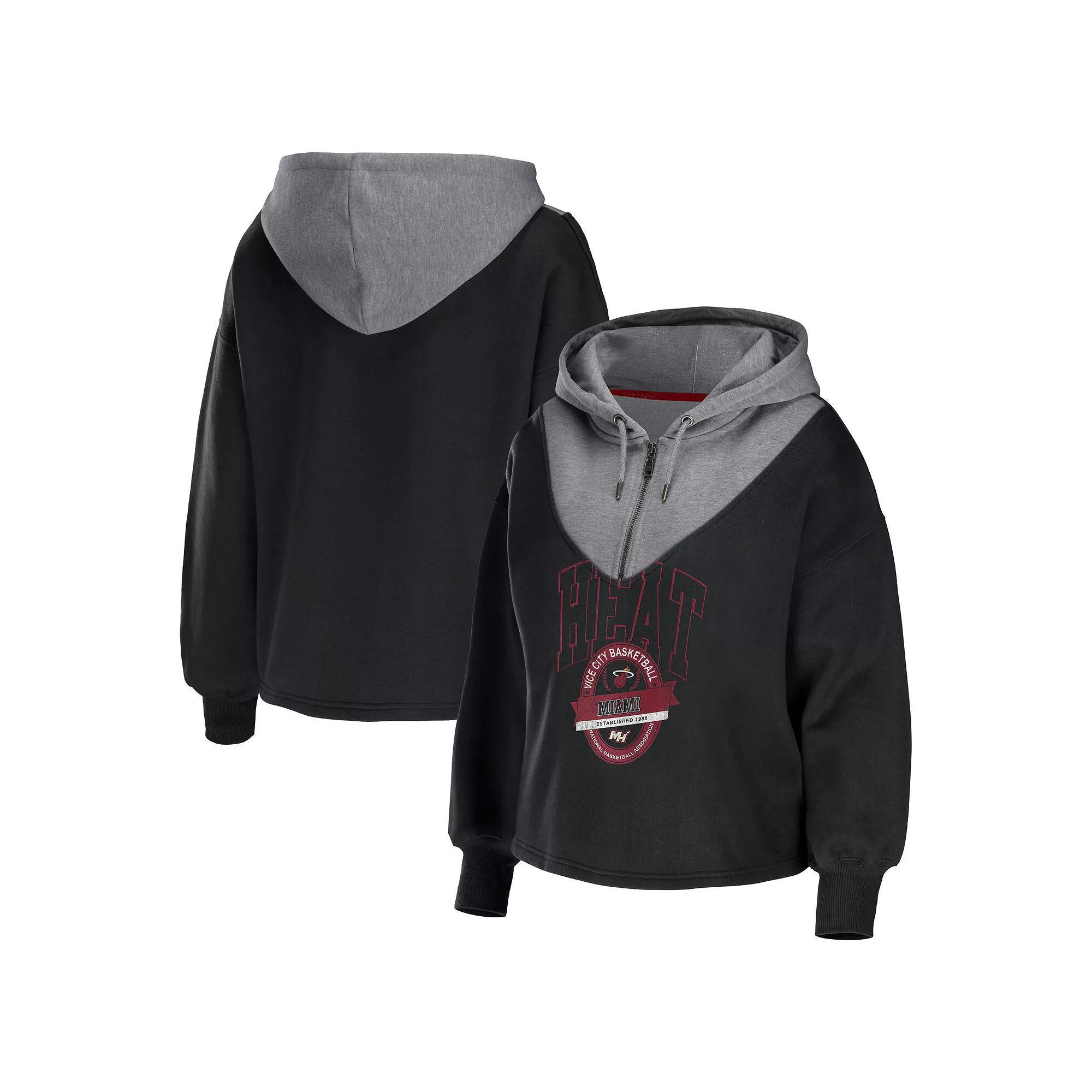 Women's WEAR by Erin Andrews Black Brooklyn Nets Pieced Quarter-Zip Hoodie Jacket, Size: Small Product Image