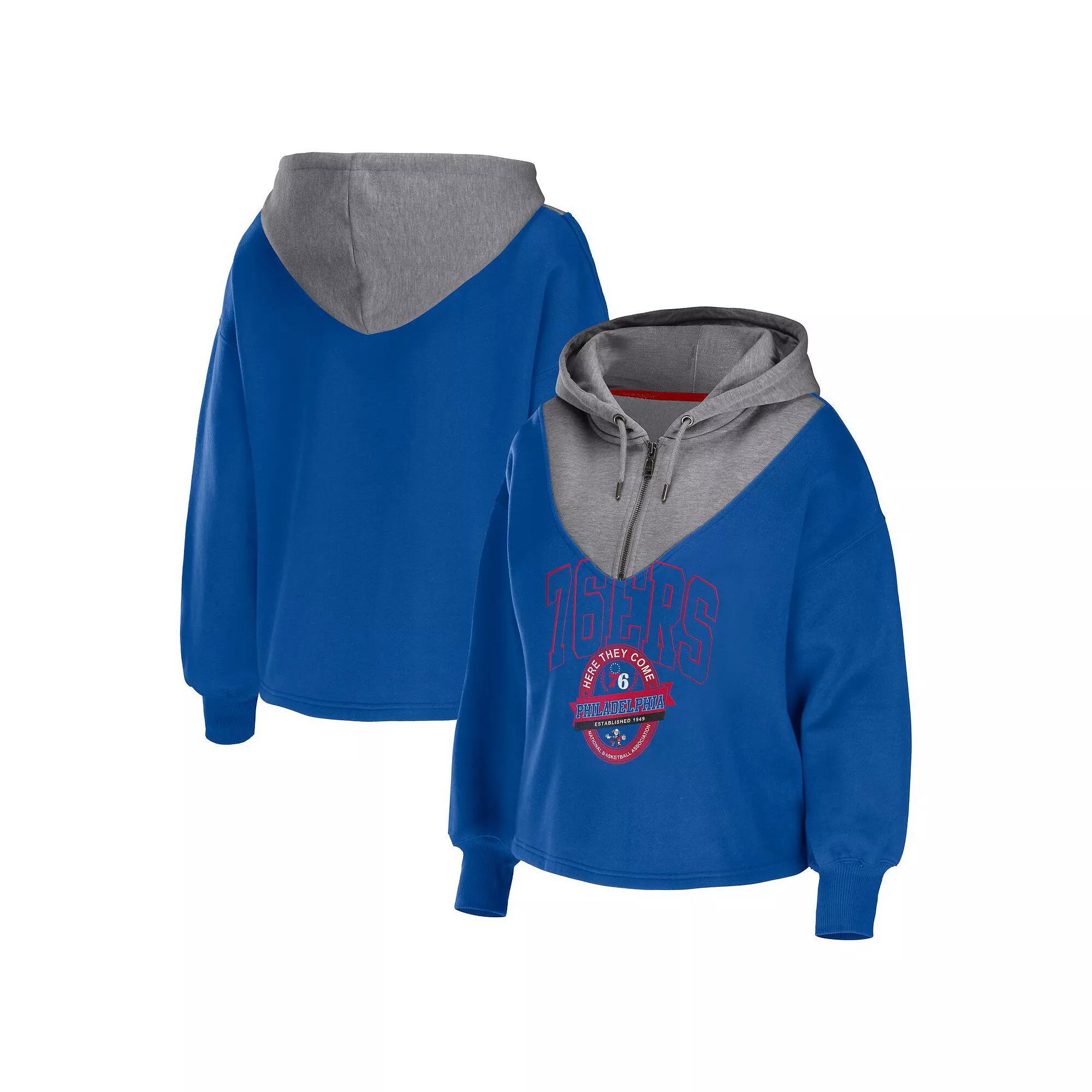 Women's WEAR by Erin Andrews Royal Philadelphia 76ers Pieced Quarter-Zip Hoodie Jacket, Size: Small, 76r Blue Product Image