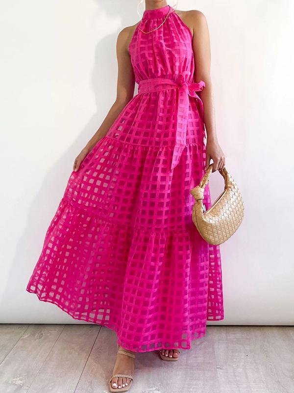 Loose Sleeveless Plaid Ribbed Stand Collar Maxi Dresses Product Image