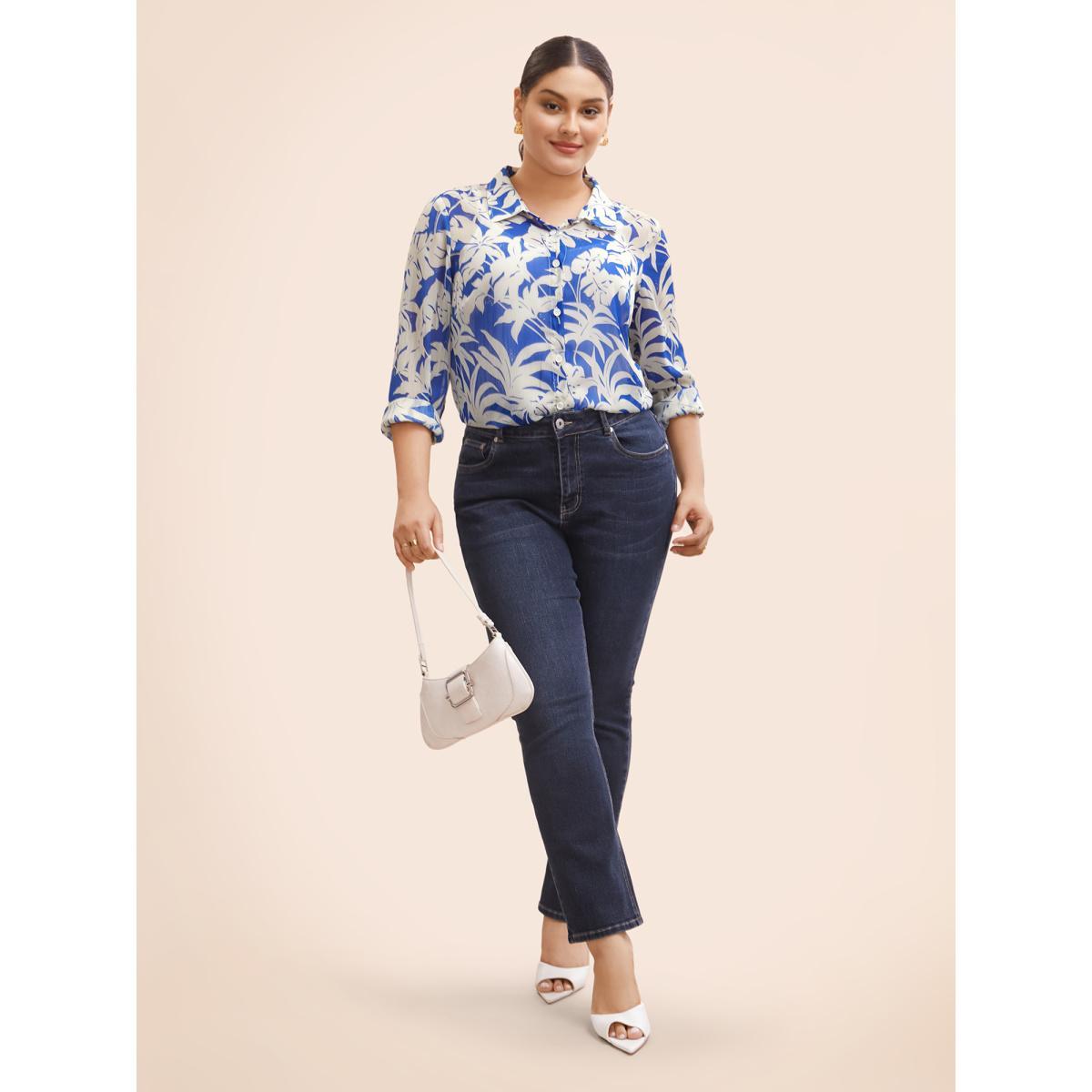 Plus Size Brightblue Silhouette Floral Print Shirt Collar Blouse Women Work From Home Long Sleeve Shirt collar Work Blouses BloomChic 30/6X Product Image