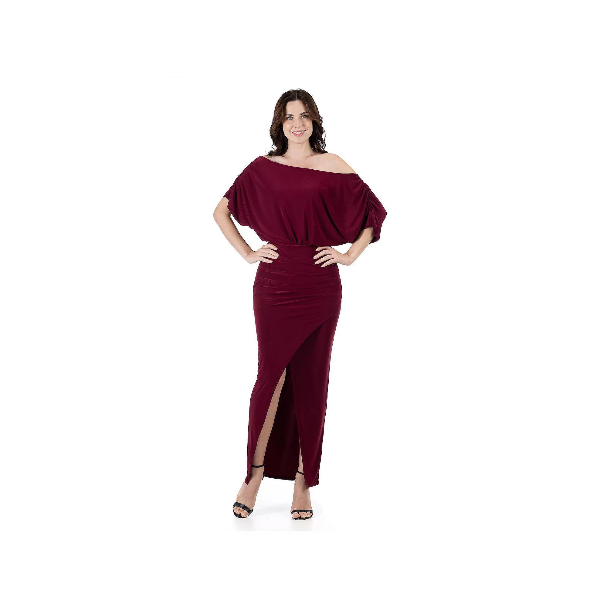 Women's 24Seven Comfort Apparel Long Sleeve Wide Boatneck Side Slit Maxi Dress, Size: Small, Red Product Image