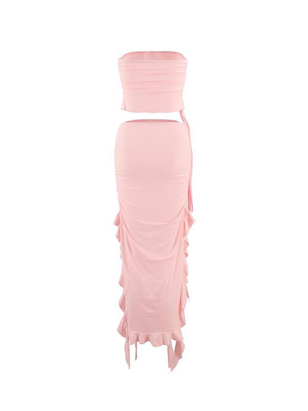 Solid Ruched Cropped Bandeau Top & Ruffled Trim Split Skirt Set Product Image