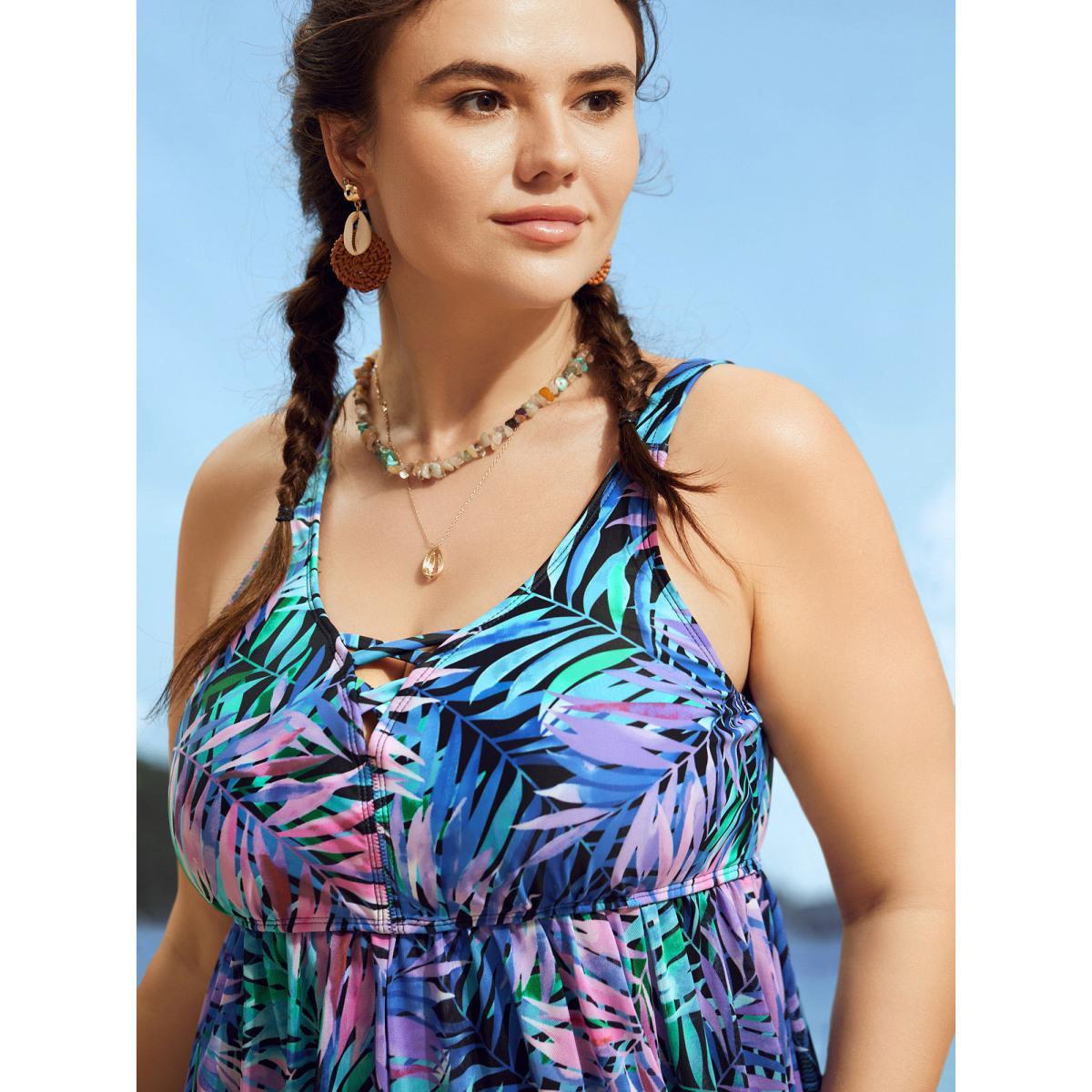 Plus Size Tropical Print Crisscross Split Hem Swim Dress Women's Swimwear Multicolor Beach Bodycon Heart neckline High stretch Curve Swim Dresses BloomChic 22-24/3X Product Image