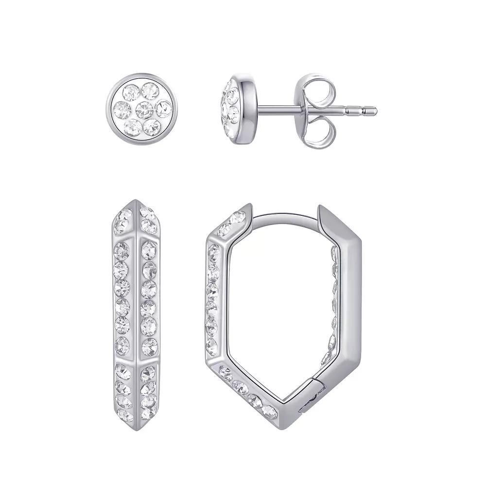 Chrystina Silver Tone 2-pair Crystal Disc Stud & Hexagon Hoop Earring Set, Women's Product Image