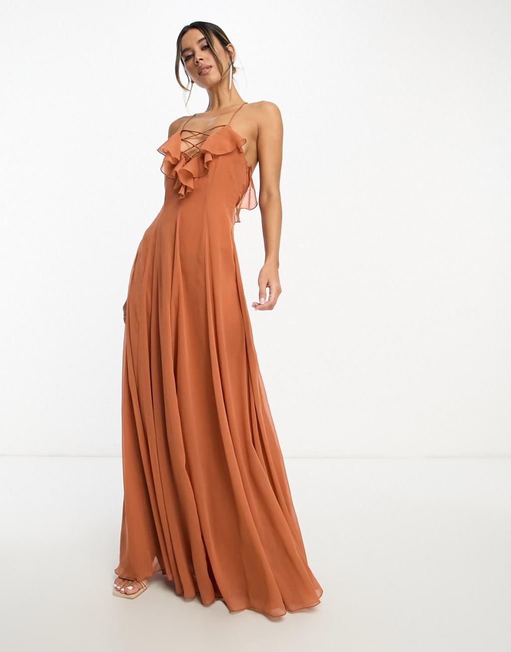 ASOS DESIGN lace-up ruffle cami maxi dress with godet Product Image