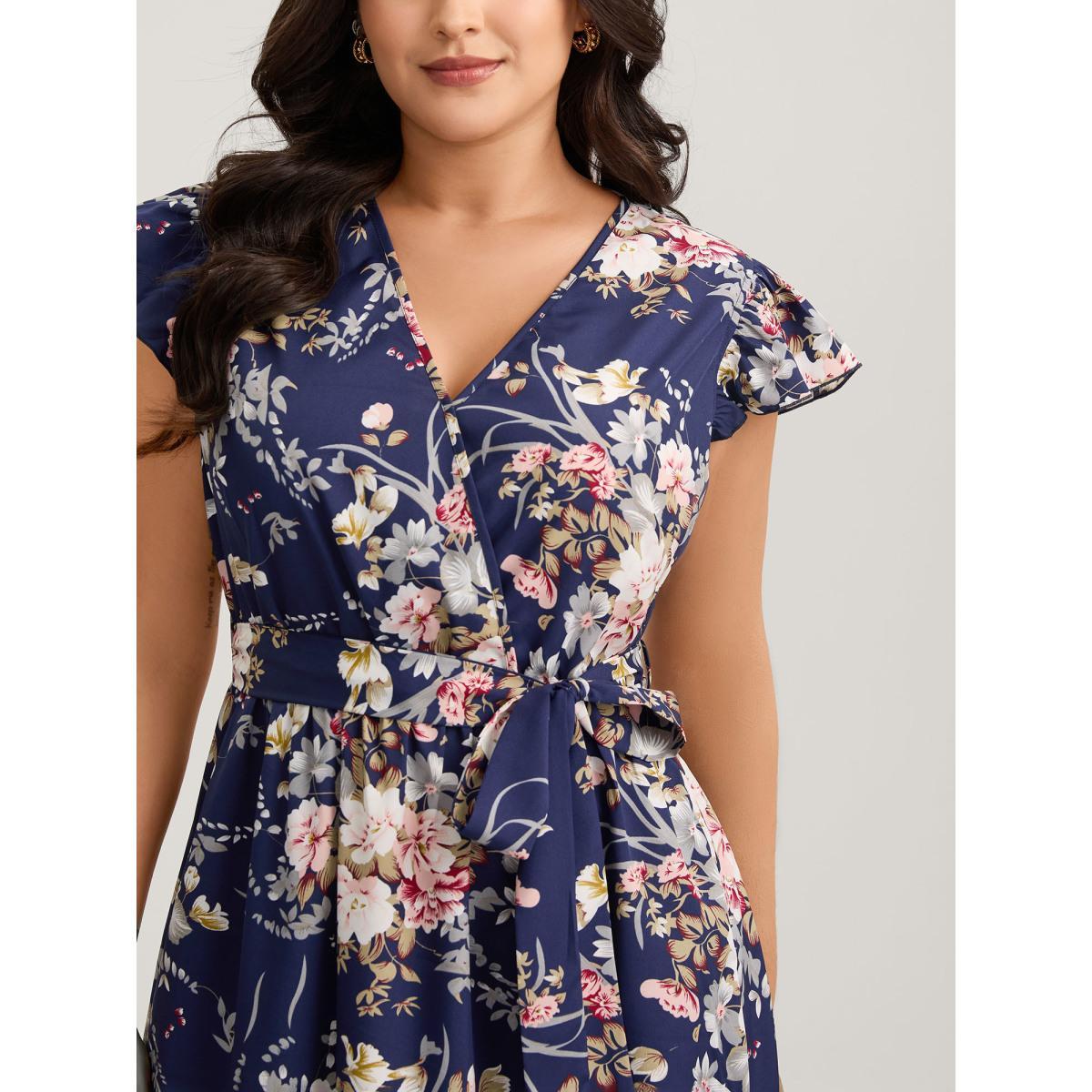 Plus Size Midnight Blooms Wrap A-Line Midi Dress Navy Women Overlap Collar Cap Sleeve Curvy BloomChic 22-24/3X Product Image