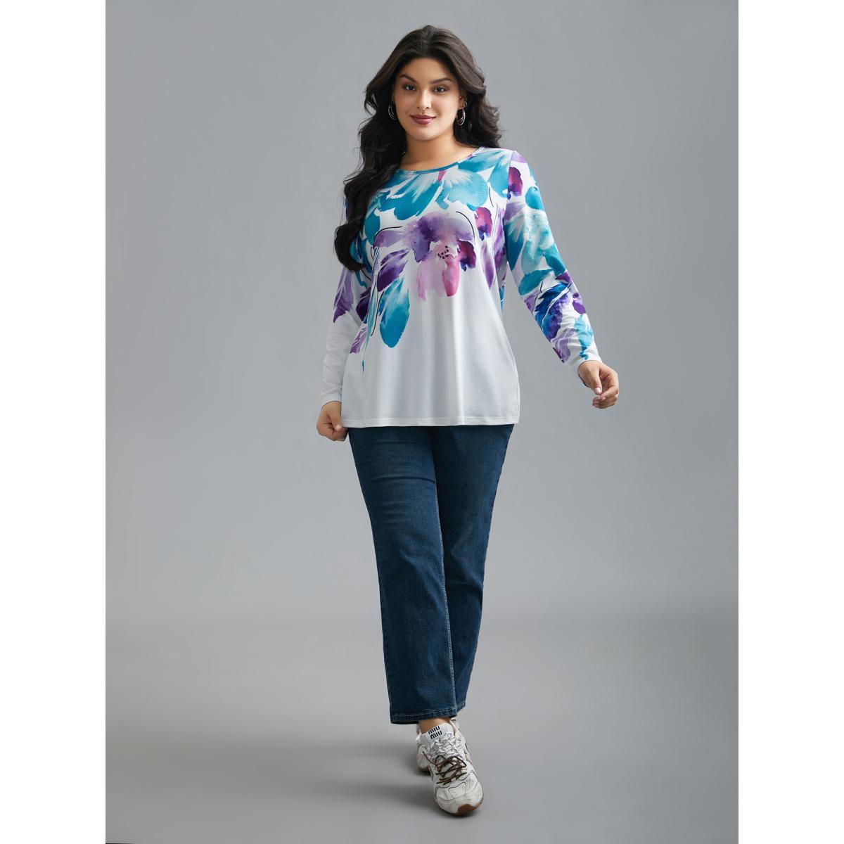 Plus Size Floral Boho Print Stretchy T-Shirt WhiteSmoke Women Casual Non Art&design Round Neck Everyday T-shirts BloomChic 18-20/2X Product Image