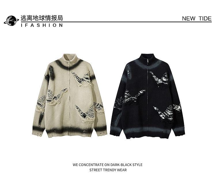 Tie-Dyed Distressed Zip Cardigan Product Image