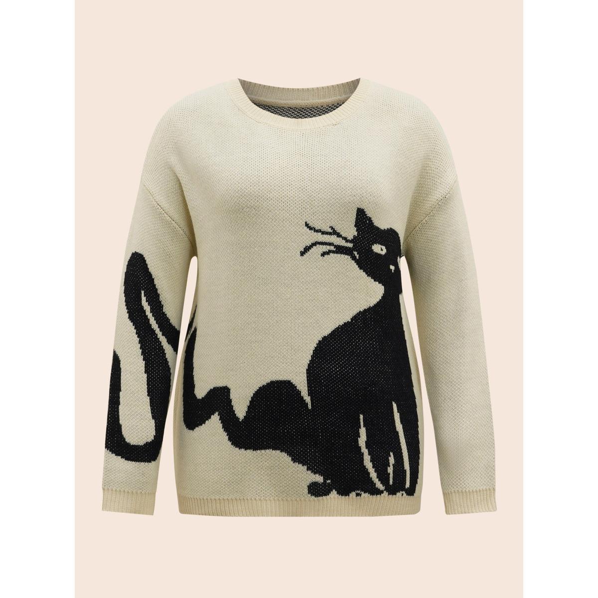 Plus Size Mystic Cat Knit Crew Neck Pullover Originalwhite Women Casual Long Sleeve Round Neck Everyday Pullovers BloomChic 12/L Product Image