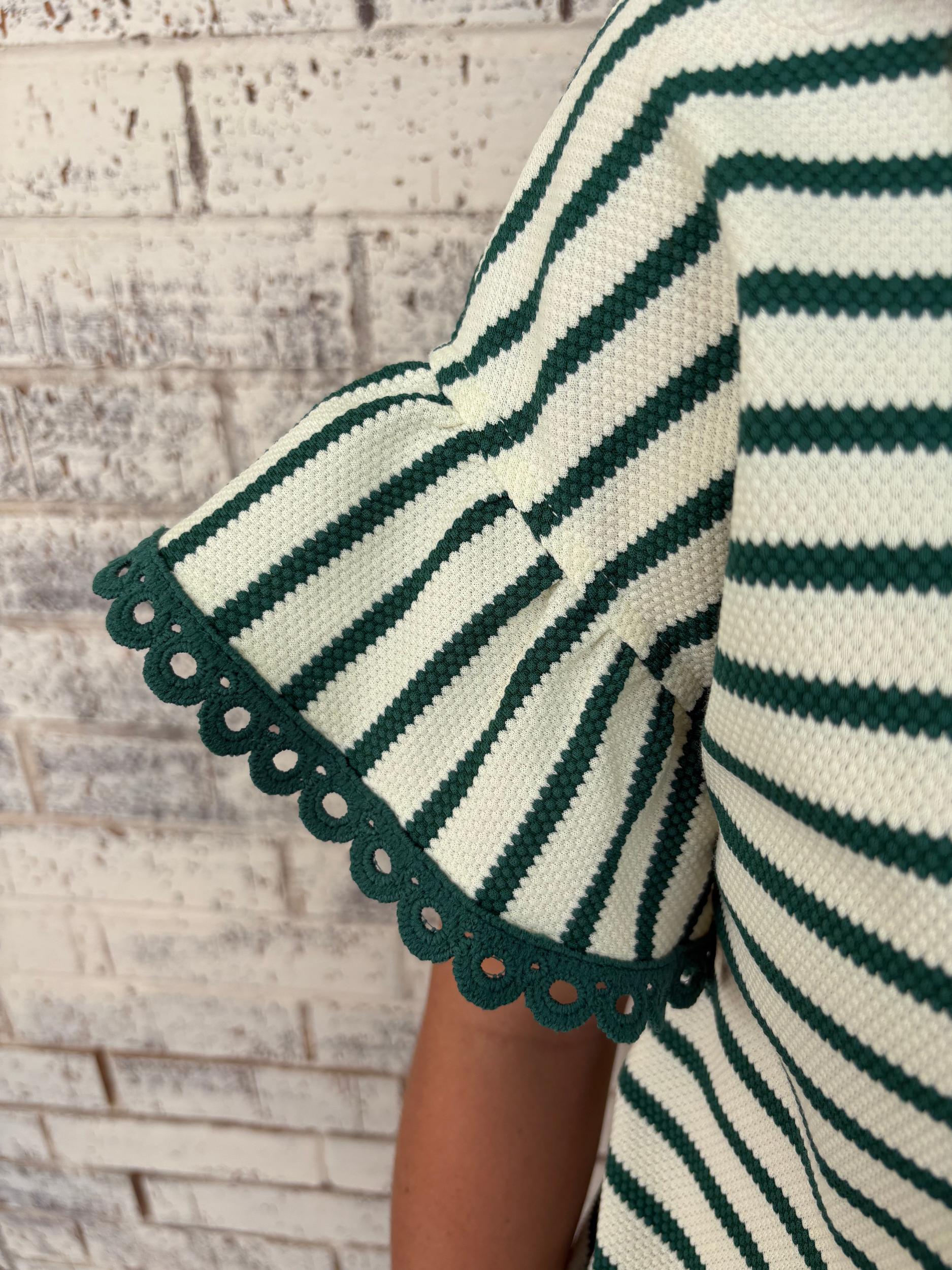 Green Stripe Scallop Lace Trim Ruffle Crewneck Top Product Image
