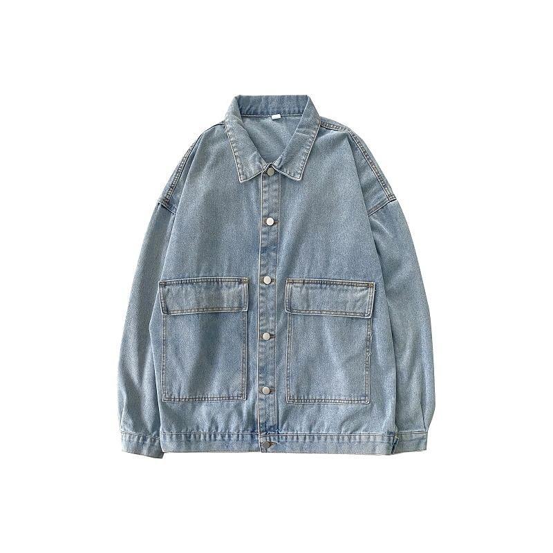 Collared Washed Button-Up Denim Cargo Jacket Product Image